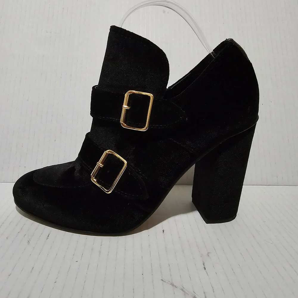 Black Velvet Double-Buckle Block Heel Booties